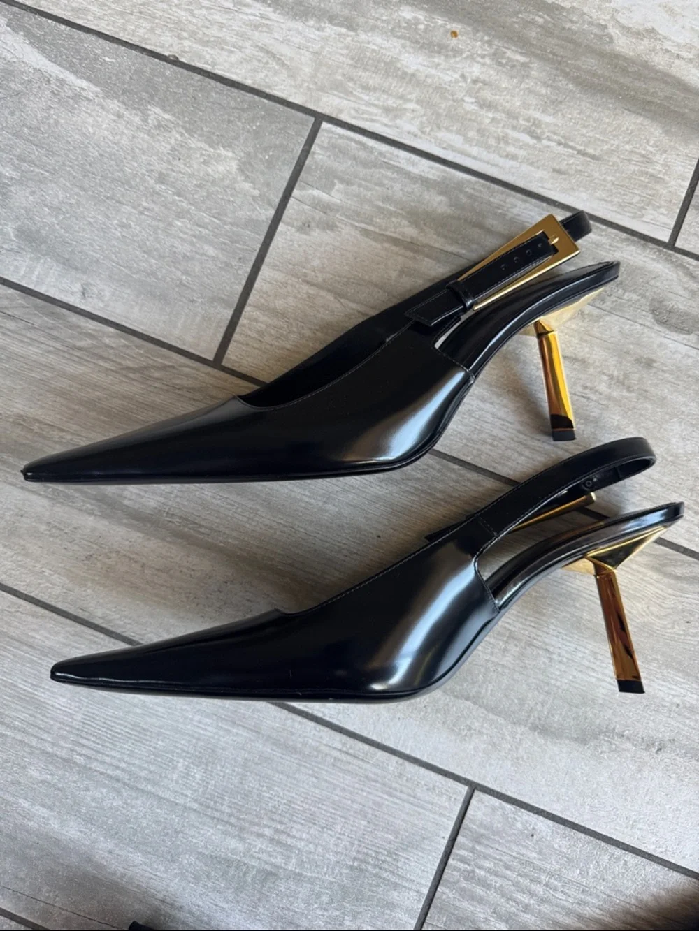 Saint Laurent Lee Black Pointed Slingback Heels with Gold Accent - Picture 2 of 7